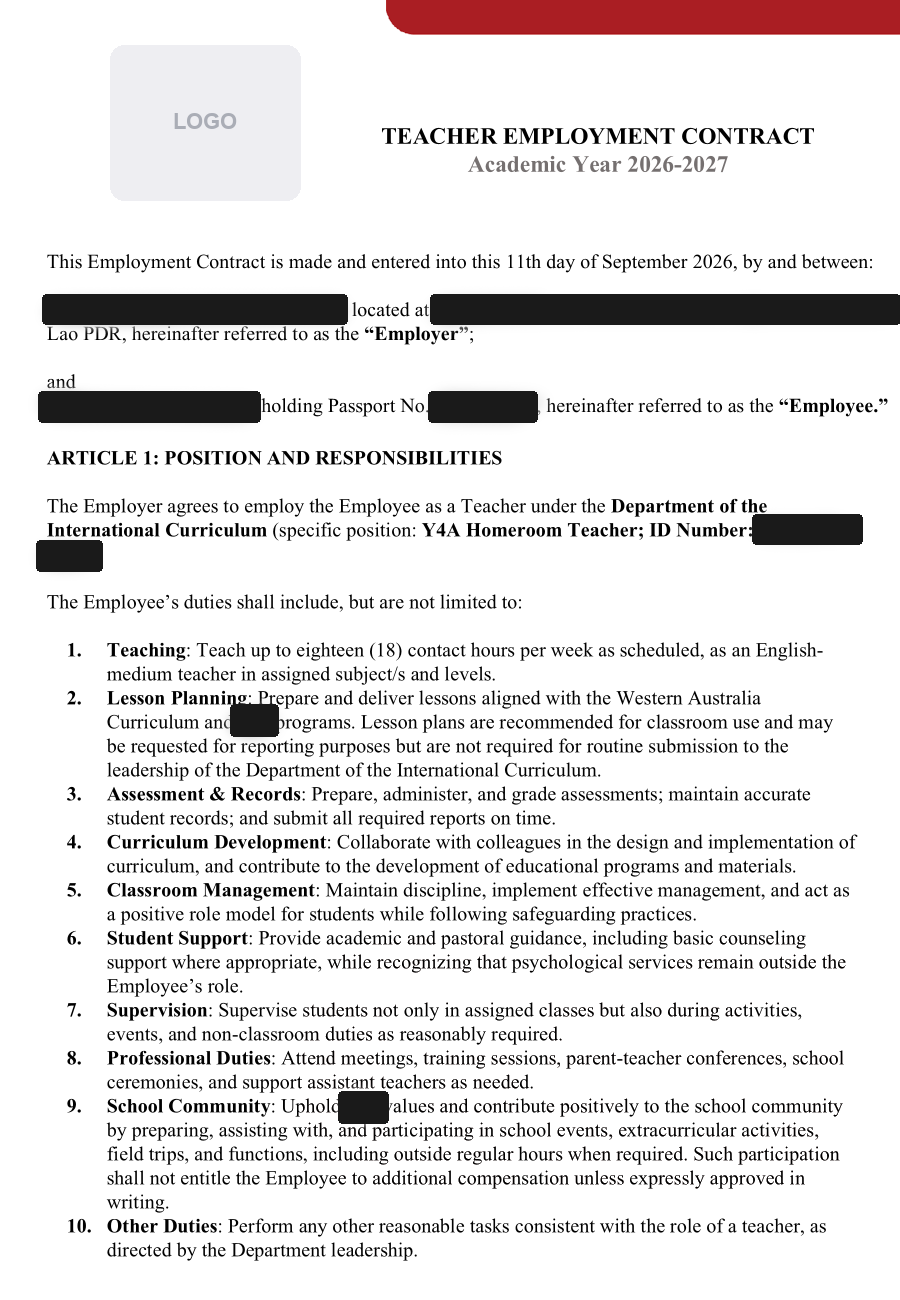 First page of an employment contract with personal and company details redacted
