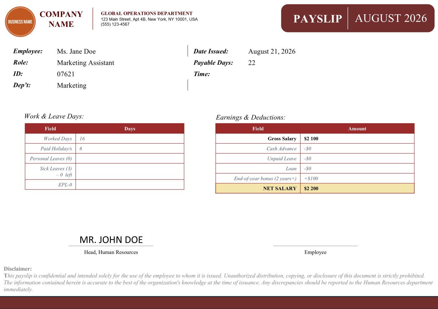 Payslip template with sample employee data, earnings and deductions