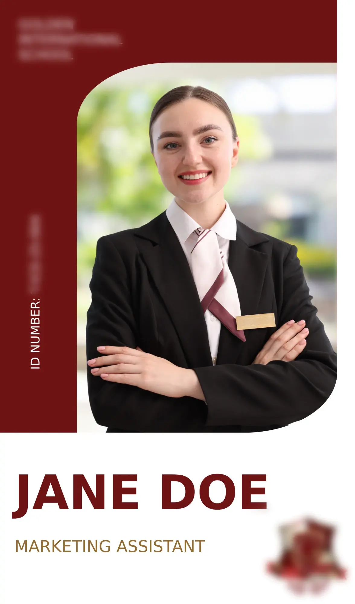 Staff ID card front with photo, name and role